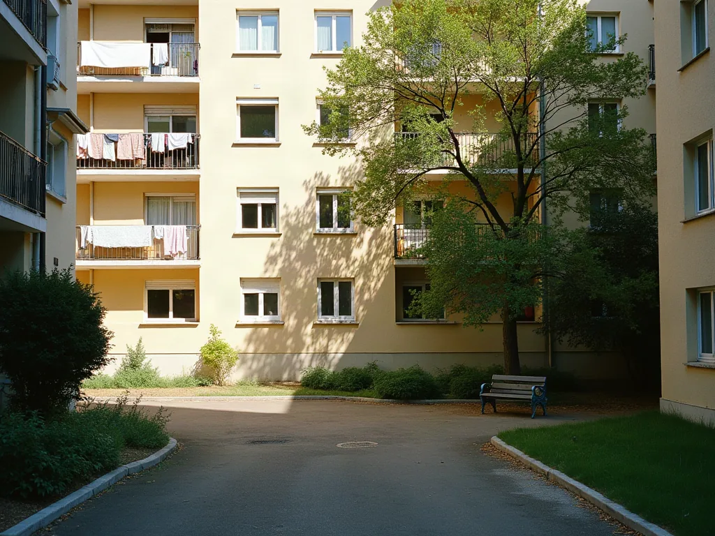 Lorient : quels quartiers éviter et pourquoi, vraiment ? Cour intérieure d'un immeuble résidentiel dans un quartier de Lorient en pleine journée