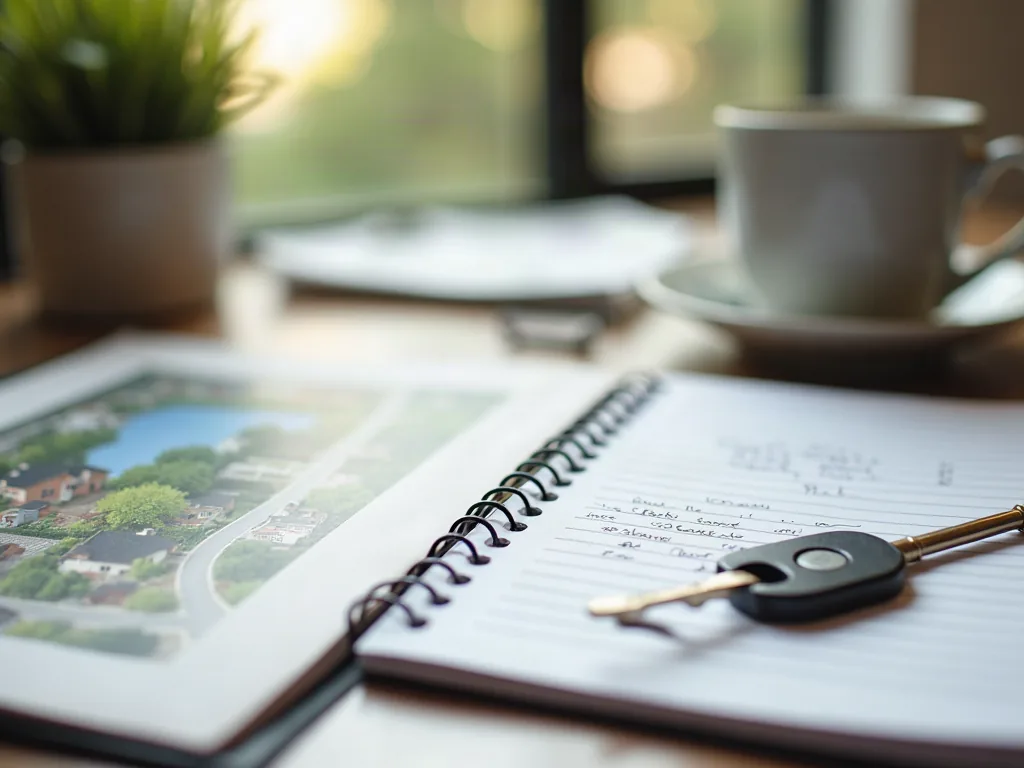 Dossier d'annonce immobilière et clé de maison sur un bureau le matin