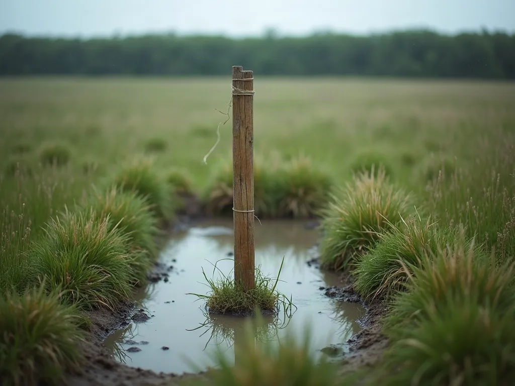 1 hectare en m2 : combien ça fait vraiment sur le terrain ? Piquet d'arpentage et cordeau délimitant un terrain agricole détrempé