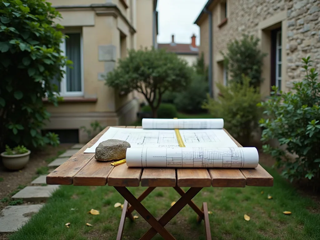 Plans de rénovation posés sur une table dans le jardin d'un immeuble en copropriété