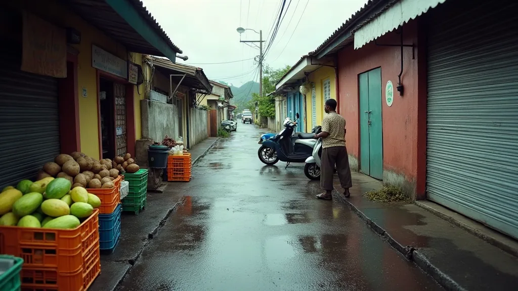 Rue de quartier aux Abymes en Guadeloupe avec marché local après la pluie