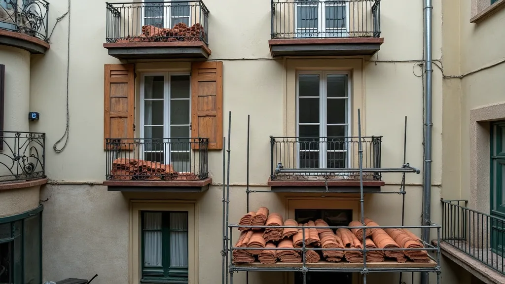 Façade d'immeuble avec travaux de réunion de deux balcons d'appartements voisins