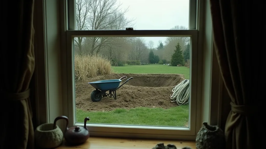 Créer un étang de moins de 1000 m² : combien ça coûte vraiment ? Vue depuis l'intérieur d'une maison sur un terrain en cours de terrassement pour un étang