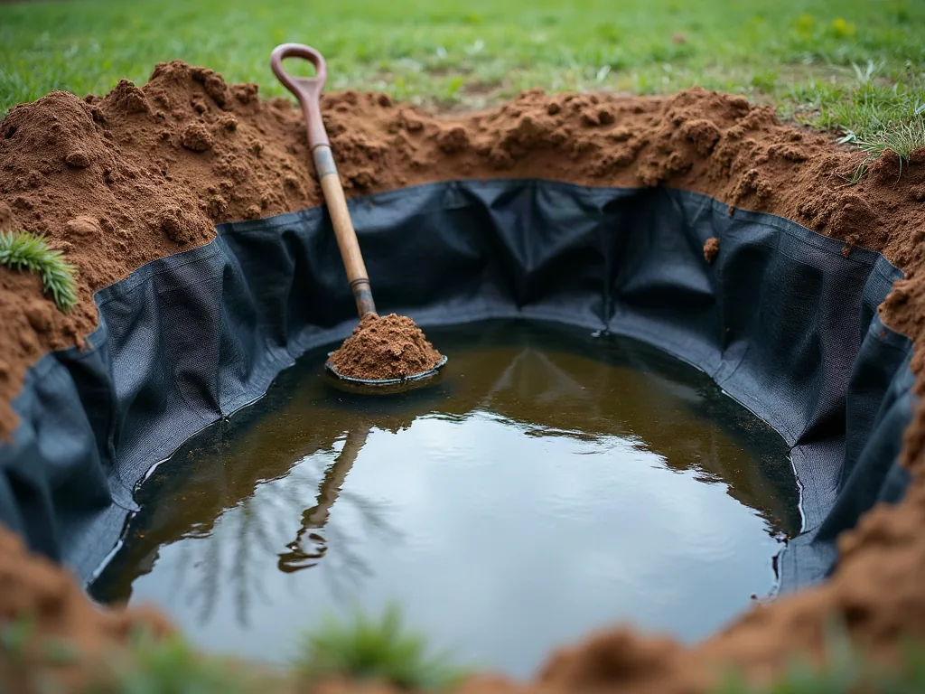 Créer un étang de moins de 1000 m² : combien ça coûte vraiment ? Bassin en cours de création avec bâche d'étanchéité et géotextile posés