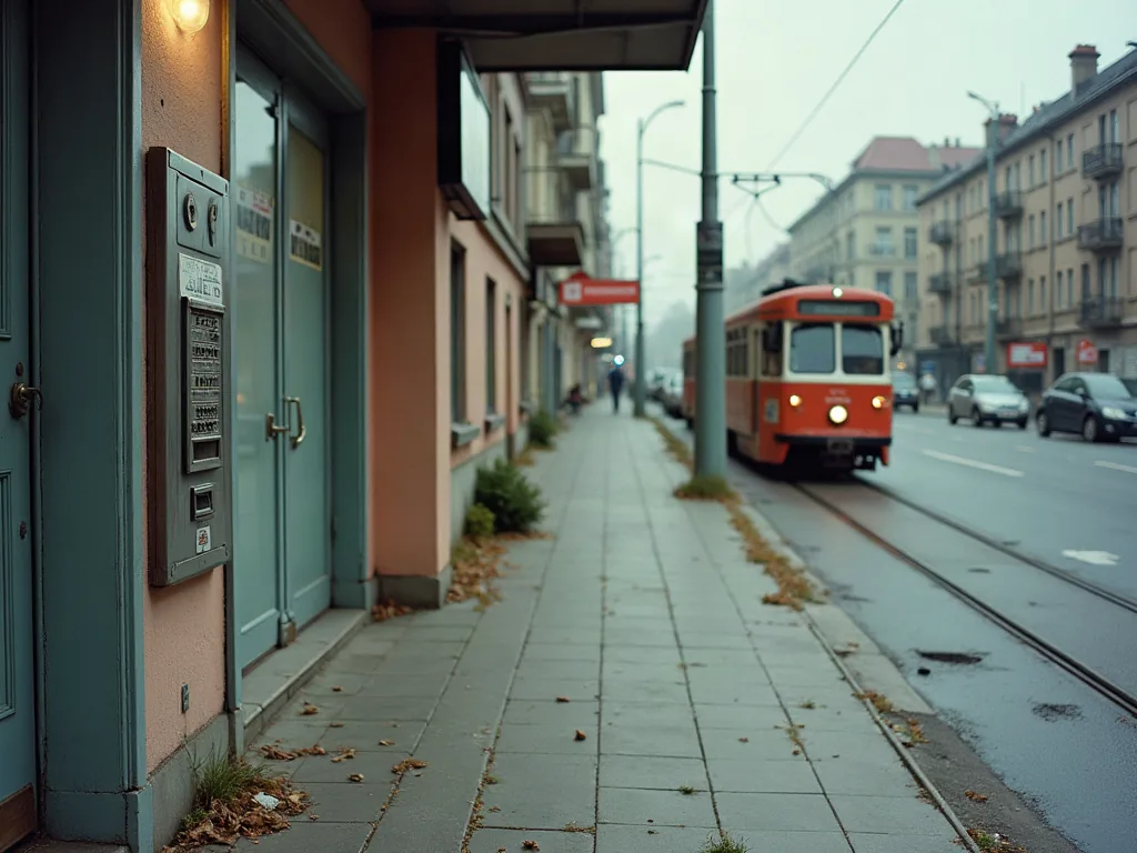 Entrée d'immeuble près d'une station de tramway dans un quartier de Drancy